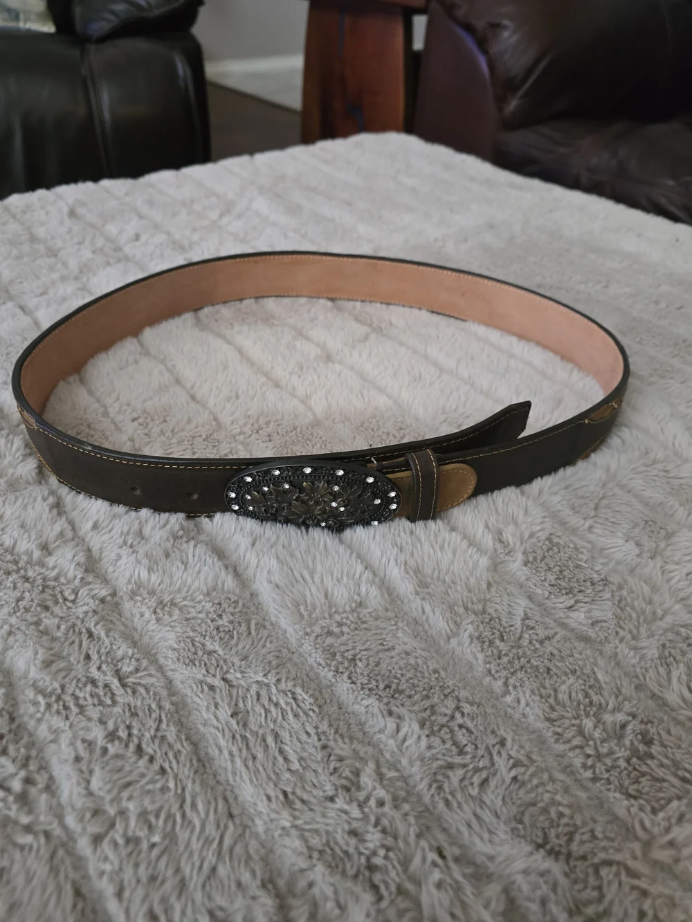 Women's Two-Tone Brown Leather Belt with Studded Buckle Azul Tequila Sz.36